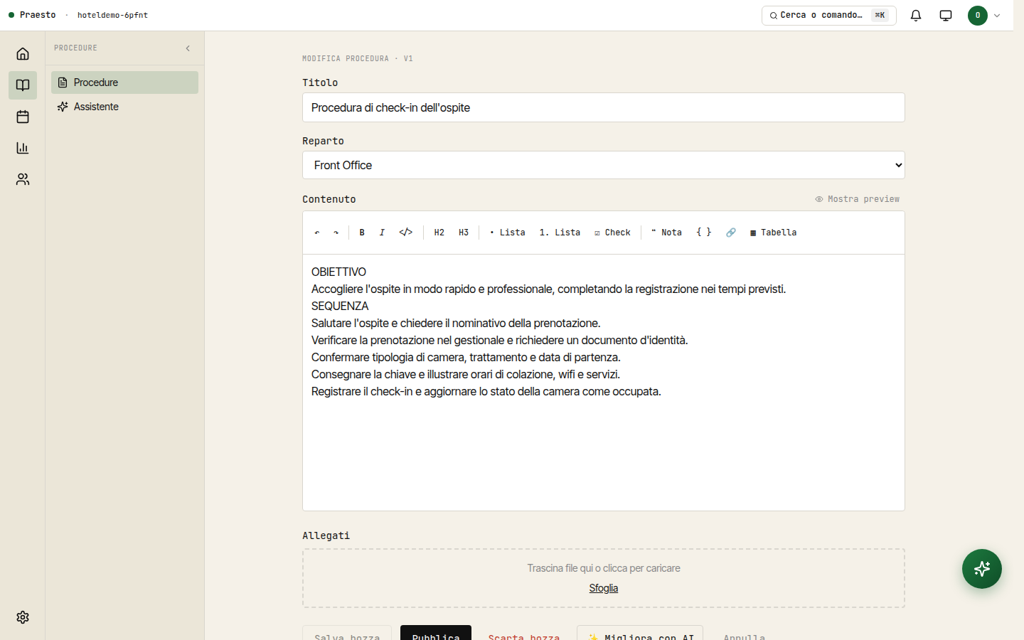 Editor di una procedura con lista passi